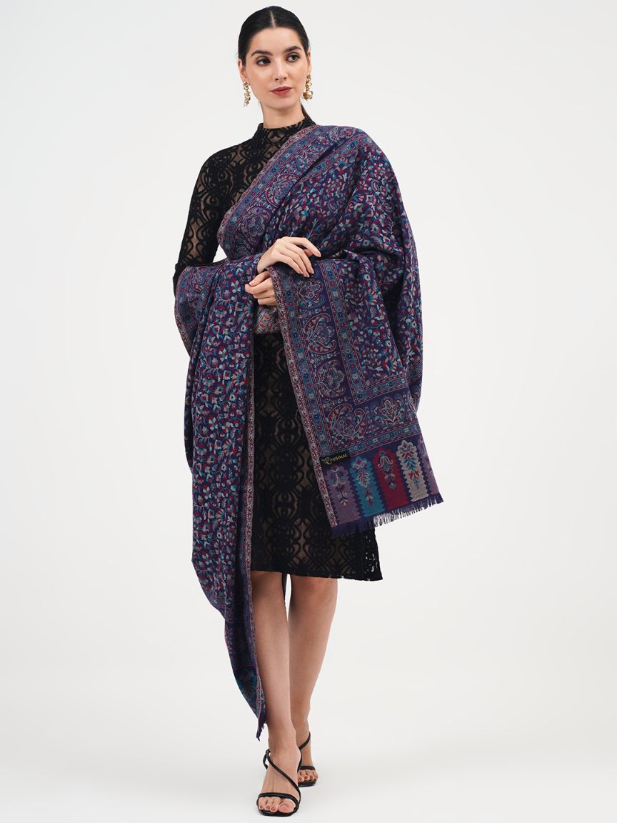 Antique Kashmiri Kani Stole with Sarvosk for Women - Midnight Blue