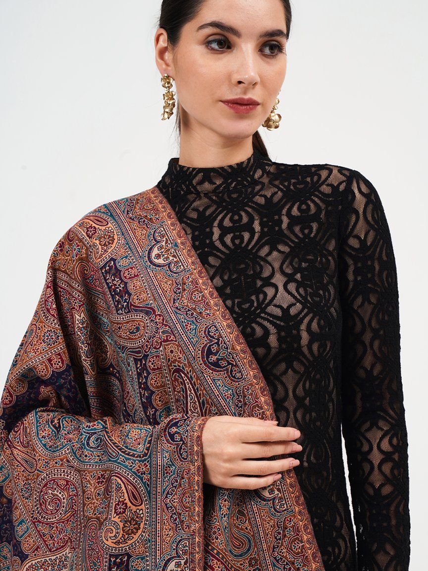 Faux Pashmina Traditional Paisley Jamawar Shawl - Midnight Grace
